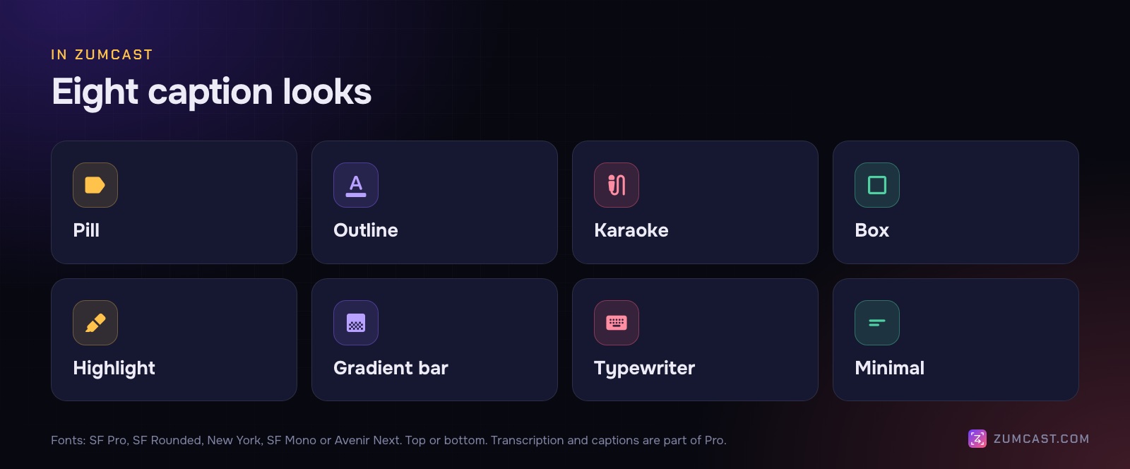 Eight ZumCast caption looks and five fonts, with top or bottom placement