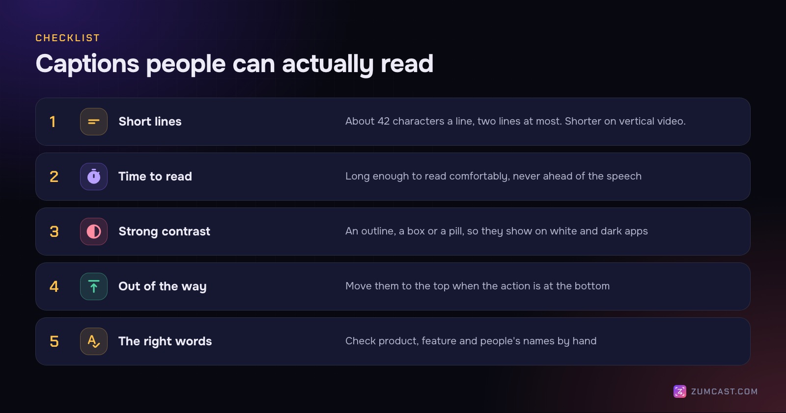 A checklist for readable captions: length, timing, contrast, position and accuracy