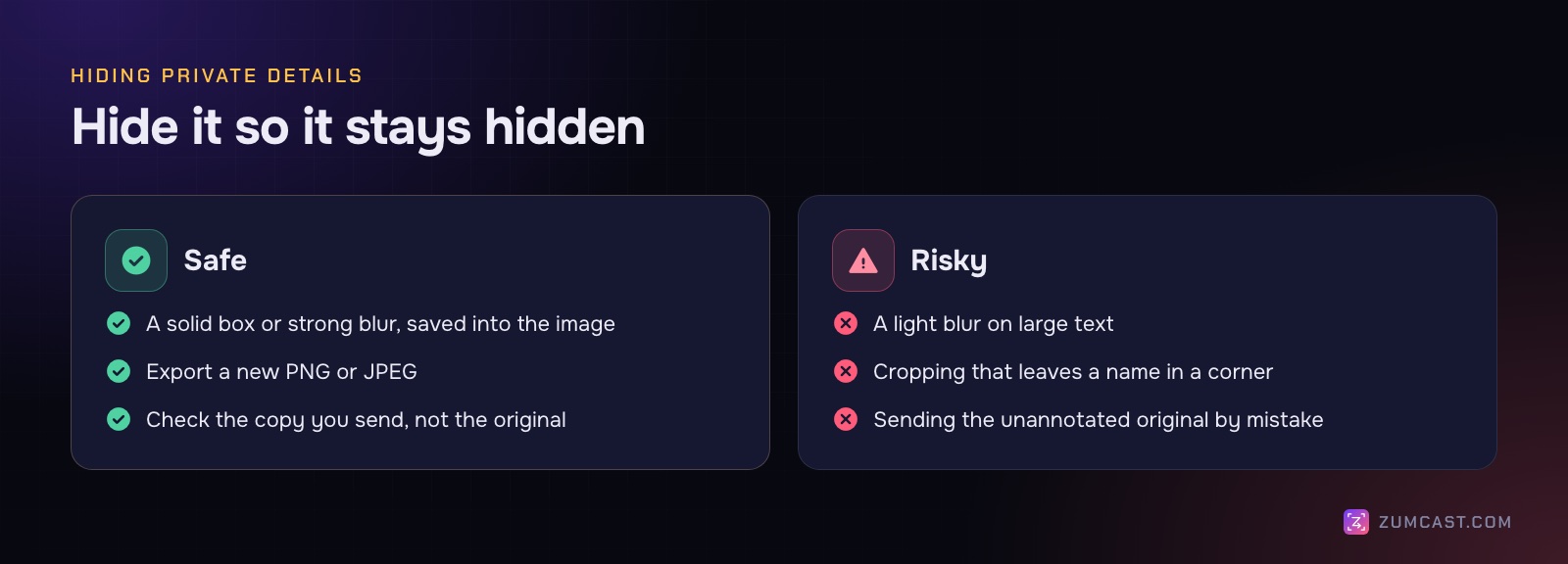 Safe ways to hide details, such as a solid box saved into the image and exporting a new file, next to risky ones, such as a light blur or sending the original