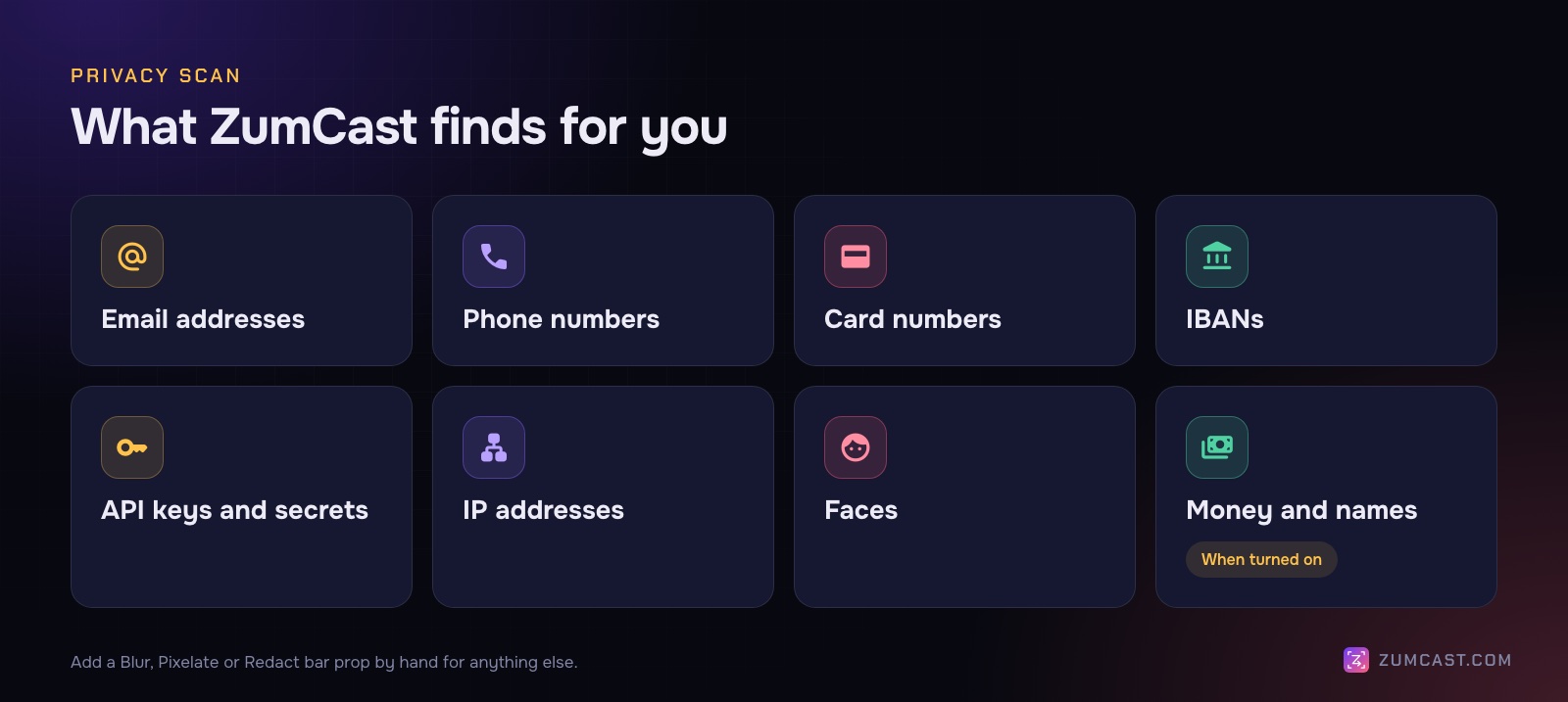 Cards for what the privacy scan finds: email addresses, phone numbers, card numbers, IBANs, API keys and secrets, IP addresses and faces, plus money amounts and names when you turn them on