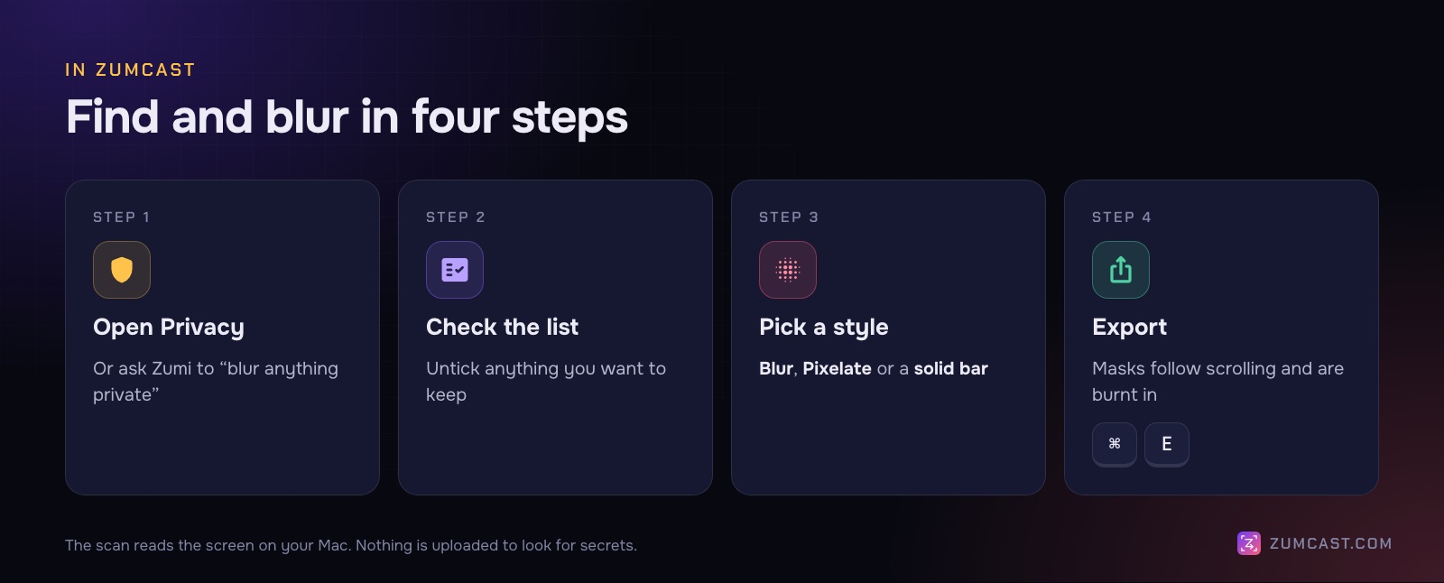 Four steps in ZumCast: open Privacy, check what was found, pick blur, pixelate or a bar, and export with the masks burnt in