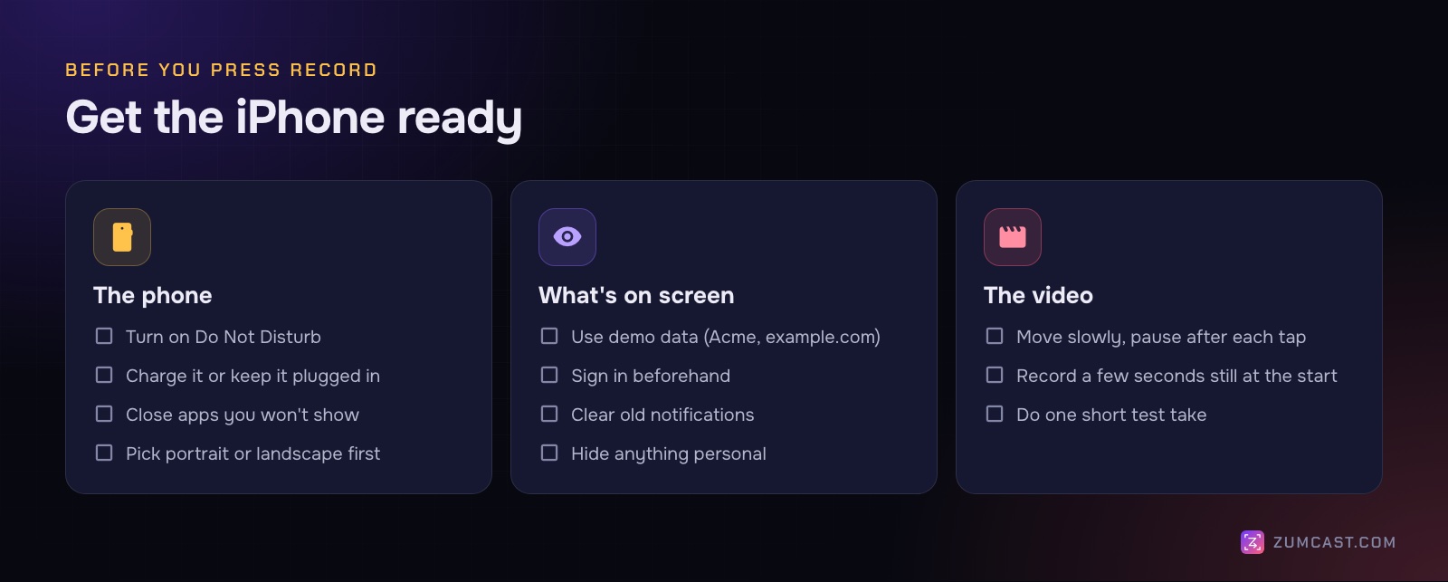 Checklist: the phone, what's on screen, and the video