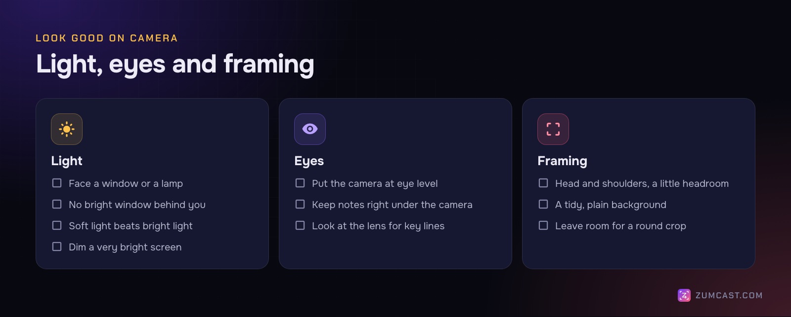 Checklist in three columns: light, eyes and framing