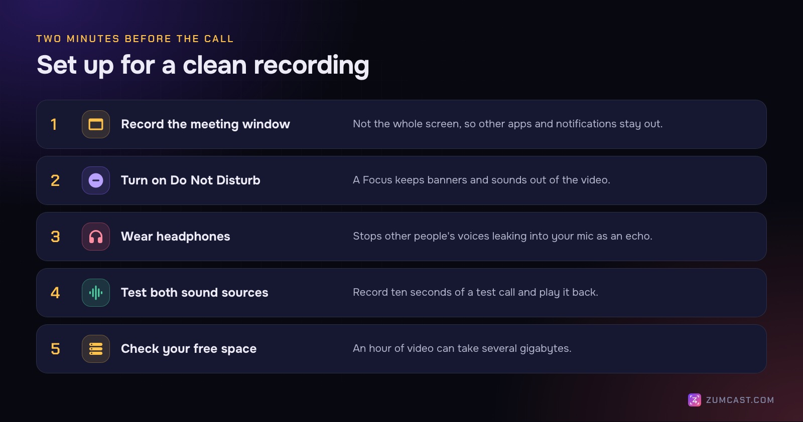 Five setup steps: record the meeting window, turn on Do Not Disturb, wear headphones, test both sound sources, check free space