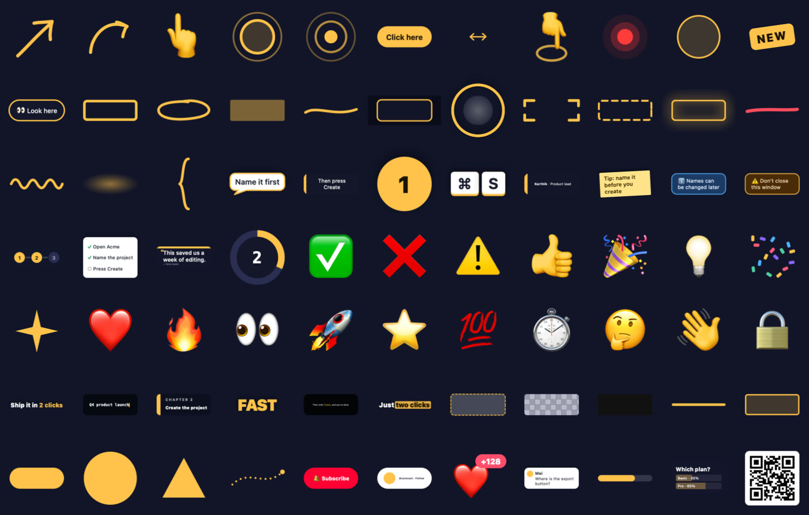 A grid of every ZumCast prop: arrows, rings, highlight boxes, speech bubbles, step badges, key caps, sticky notes, stickers such as a rocket and a heart, text titles, privacy masks, shapes, a subscribe button, a progress bar, a poll and a QR code.