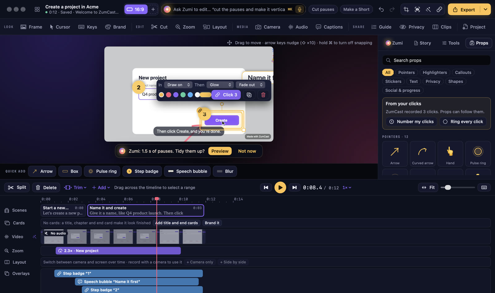 The Studio with the Props tab open: prop groups, the From your clicks box with Number my clicks and Ring every click, a selected step badge with its animation bar on the video, the Quick add bar, and props on the Overlays lane.
